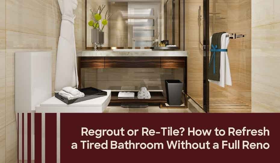 Bathroom renovation comparison showing old worn grout and tiles beside a refreshed bathroom with clean grout lines and modern tiles.